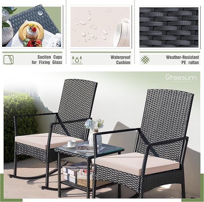 Greesum 3 Pieces Patio Furniture Set Outdoor Wicker Rocking Chairs - Image 7