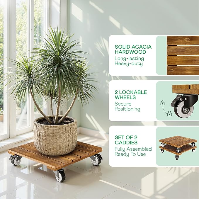 Idzo 2-Pack 12 Inch Acacia Wood Rolling Square Plant Caddy - Image 2