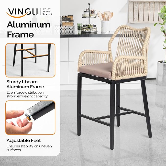 VINGLI Outdoor Counter Height Bar Stools Set of 2, Rattan Outdoor Barstools - Image 2