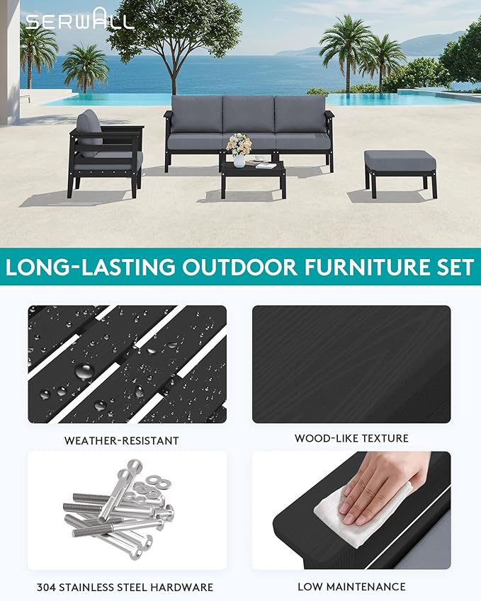 SERWALL HDPE Patio Furniture Set, 6 Pieces Outdoor Sectional Sofa Set, - Image 3