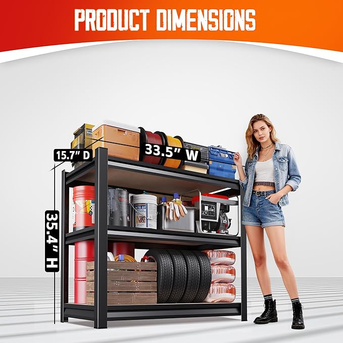 Garage Shelving, 3 Tier Garage Storage Shelves, Adjustable Heavy Duty Metal - Image 5