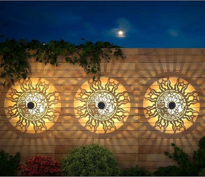 4 Pack Solar Fence Lights Metal Solar Powered Outdoor Wall Deck Lights Sun Moon - Image 2