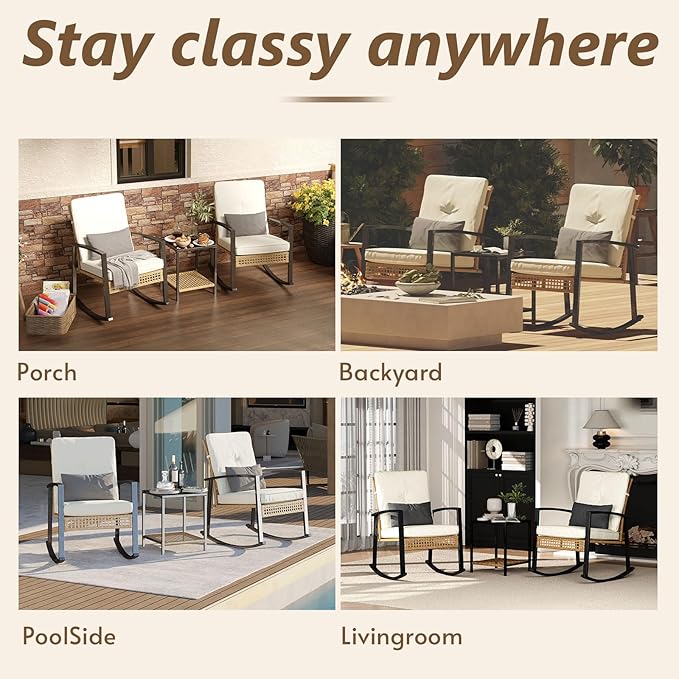 3 Piece Patio Rocking Chairs Set of 2, Outdoor Rocking Chair Bistro Set - Image 7