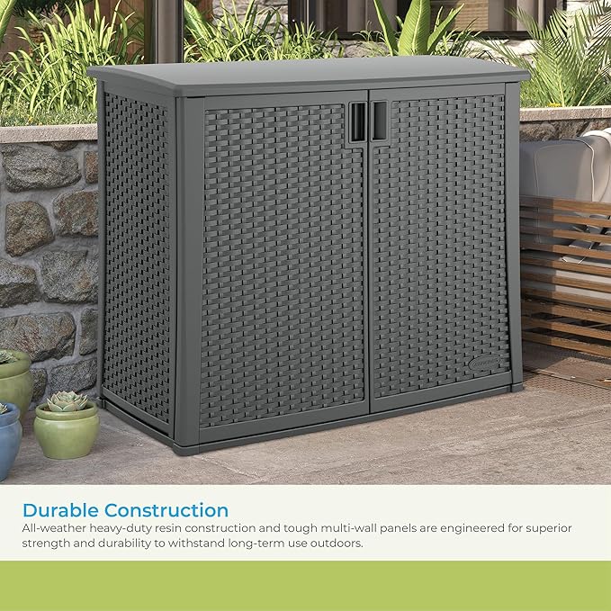 Suncast Resin Outdoor Storage Cabinet, Cool Gray Wicker Resin Outdoor Cabinet - Image 5