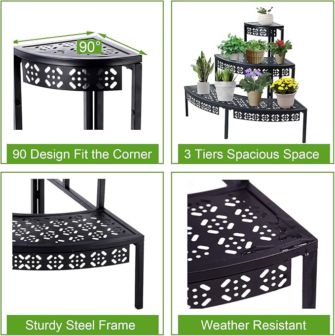 aboxoo 3 Tier Plant Stand Flower Pot Rack, Metal Stair-Step Style Corner Shelf - Image 4