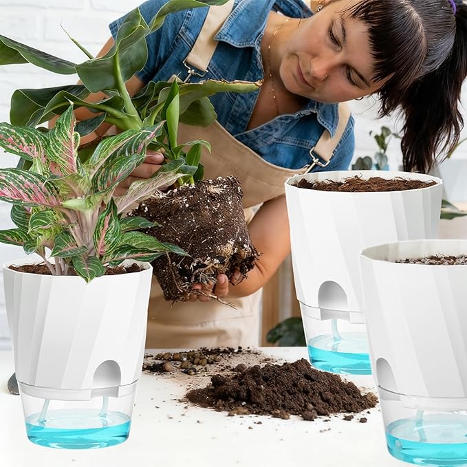 KIMCHOMERSE Self Watering Plant Pots, 6 Inch Plant Pots White, 6 Pack Flowers - Image 6
