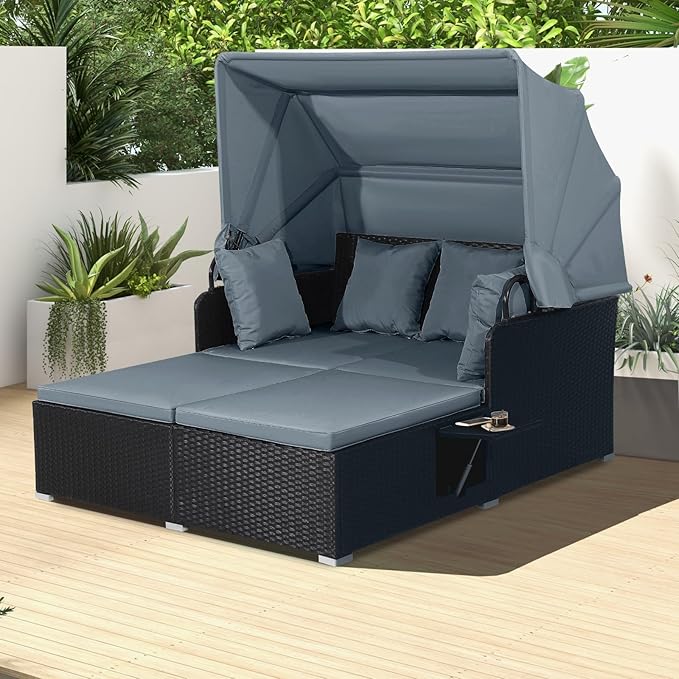 COSTWAY Outdoor Daybed with Retractable Canopy, Wicker Patio Furniture Set with by COSTWAY