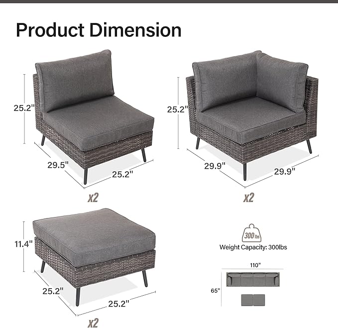 LAUSAINT HOME Outdoor Patio Furniture, 6 Piece Outdoor Sectional Sofa PE Rattan - Image 7