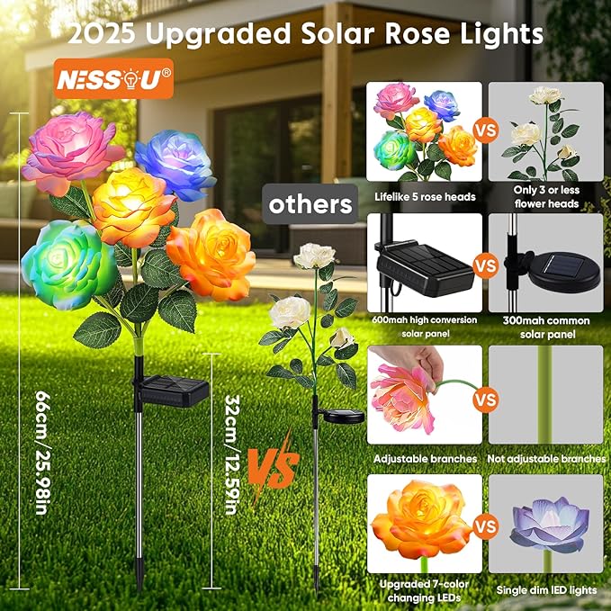 Solar Rose Lights Outdoor: 10 Pack IP65 Waterproof 7-Color Changing LED Flower - Image 2