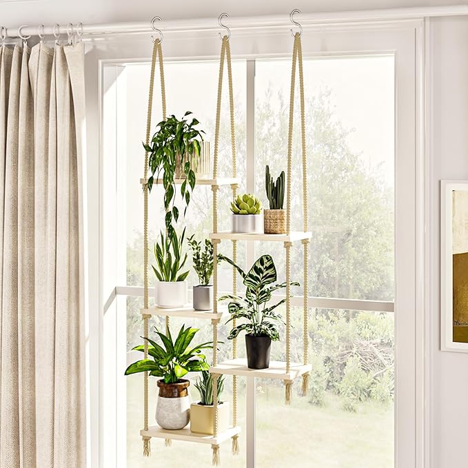 Bamworld Hanging Shelves Plant Hanger Indoor Window Plant Shelves Wood Plant by Bamworld