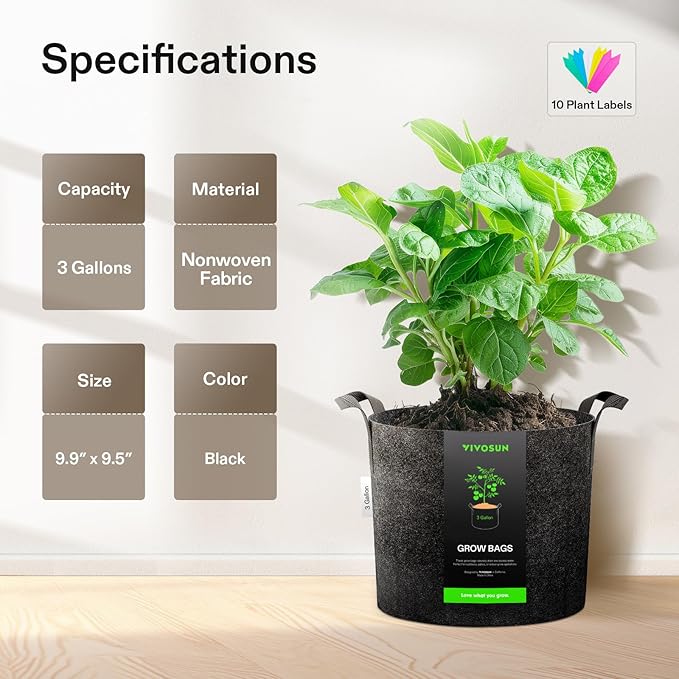 VIVOSUN 5-Pack 3 Gallon Plant Grow Bags Heavy Duty Thickened Nonwoven Fabric - Image 2