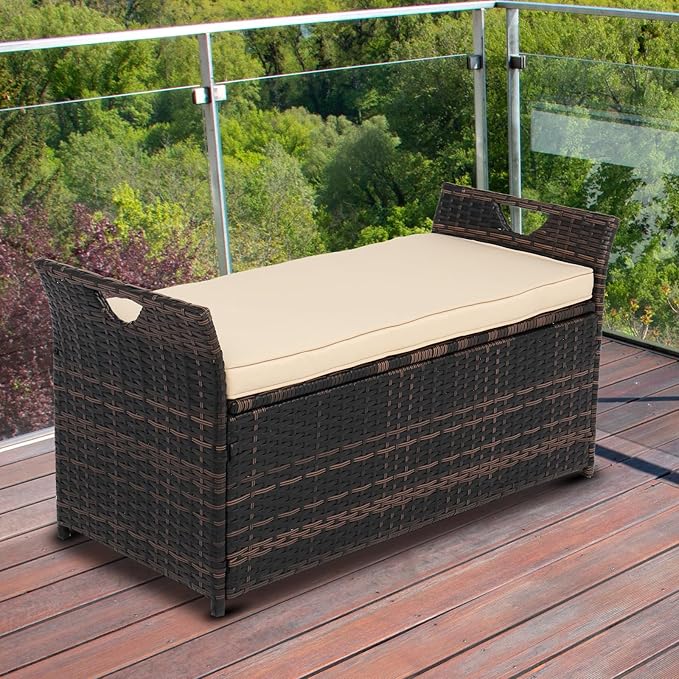 VINGLI 40 Gallon Outdoor Rattan Deck Box w/Cushion, Patio Wicker Storage Box - Image 2