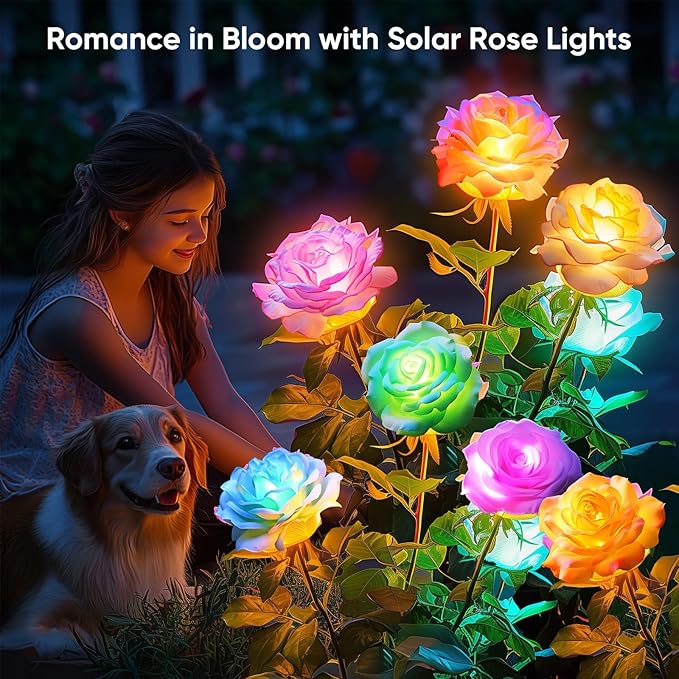 Solar Rose Lights Outdoor: 4 Pack IP65 Waterproof 7-Color Changing LED Flower - Image 2