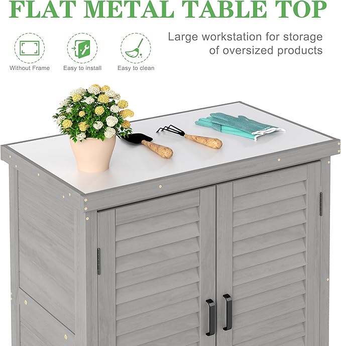 Outdoor Potting Bench with Storage Cabinet and Metal Top, Wood Workstation - Image 3