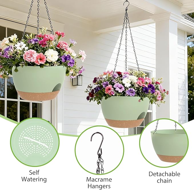 8 Inch Hanging Planters for Indoor Outdoor Plants, 4 Pack Green Brown Plastic - Image 3