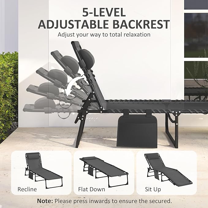 Outsunny Chaise Lounge Chair Outdoor, 5-Position Adjustable Sun Tanning Chair - Image 4
