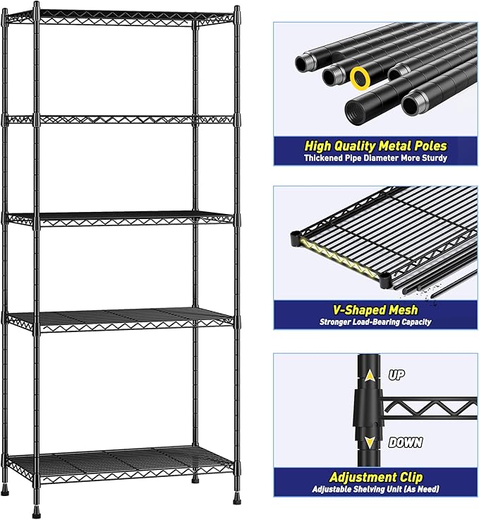 5-Tier Shelf 1010LBS Storage Shelves Adjustable Wire Shelving Metal Shelving - Image 5
