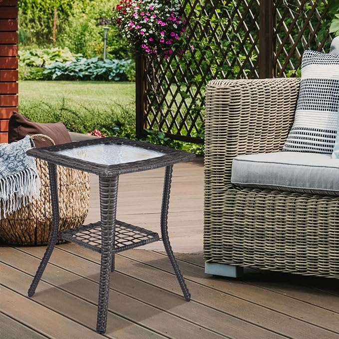 VINGLI Outdoor Side Table with Storage Wicker Patio Side Table, Tempered Glass - Image 6