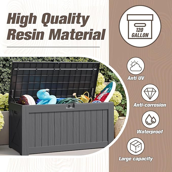 JUMMICO 120 Gallon Resin Deck Box, Large Outdoor Storage Box Waterproof & - Image 3