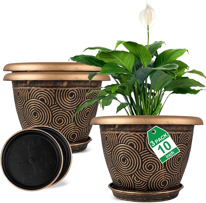 10 Inch Flower Pots Planters for Indoor Outdoor Plants, 3 Pack Plastic Large by Fodetyff