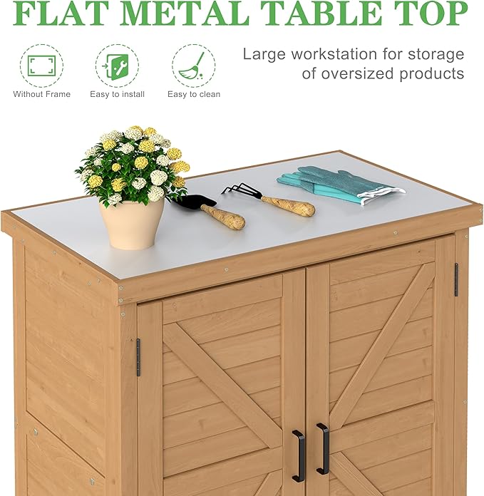 Outdoor Potting Bench with Storage Cabinet and Metal Top, Wood Workstation - Image 3