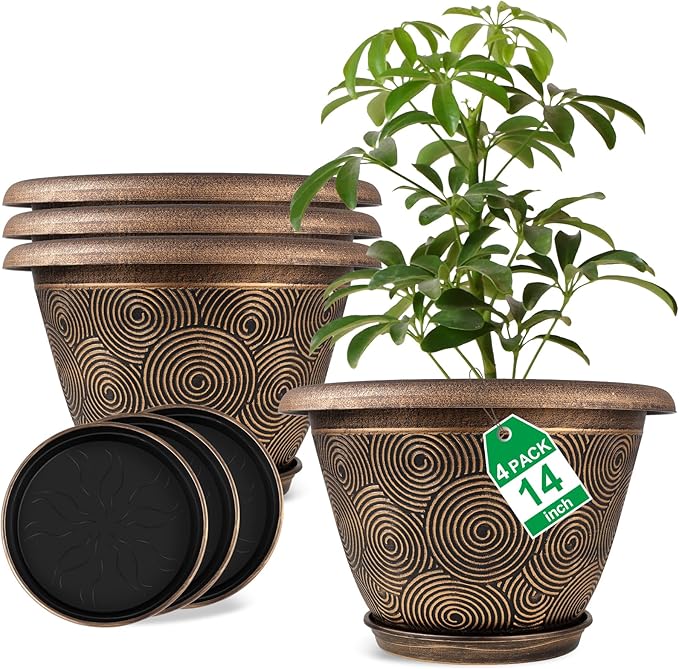 14 Inch Large Planter Pot for Plants Indoor Outdoor, 4 Pack Plastic Flower Pots by Fodetyff