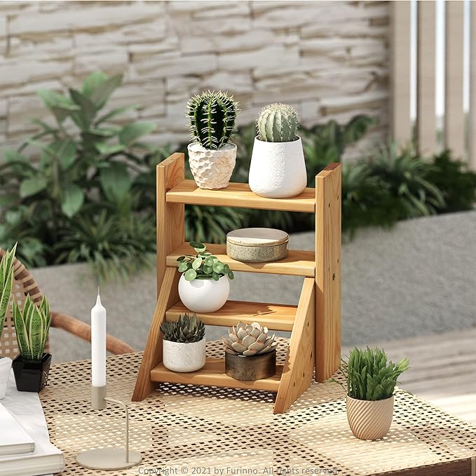 Furinno TIOMAN Plant Stand Indoor Outdoor, Tabletop Mini Ladder Planter Stand by Furinno-FitsYourSpaceFitsYourBudget