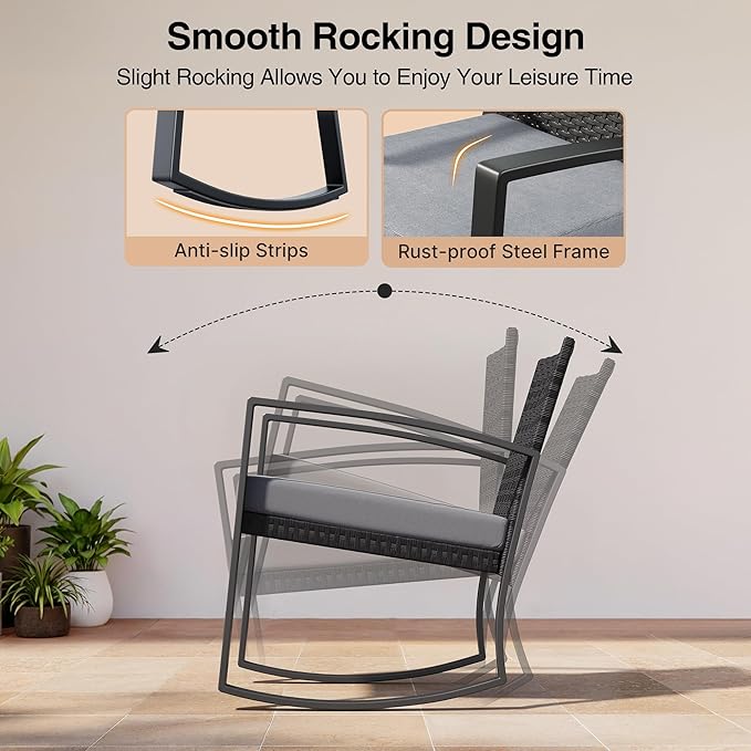 3 Pieces Outdoor Patio Furniture Set Rocking Bistro Set Outdoor Rattan - Image 3