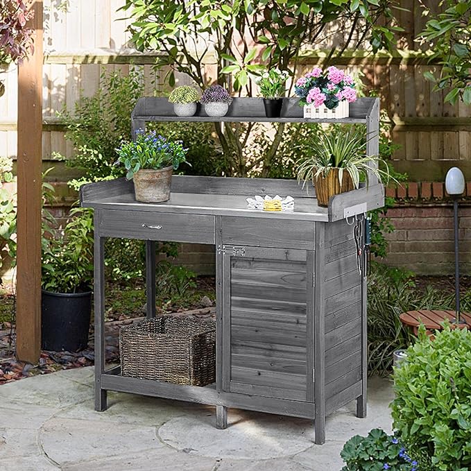 Yaheetech Outdoor Potting Bench Table, Garden Workstation w/Metal - Image 2