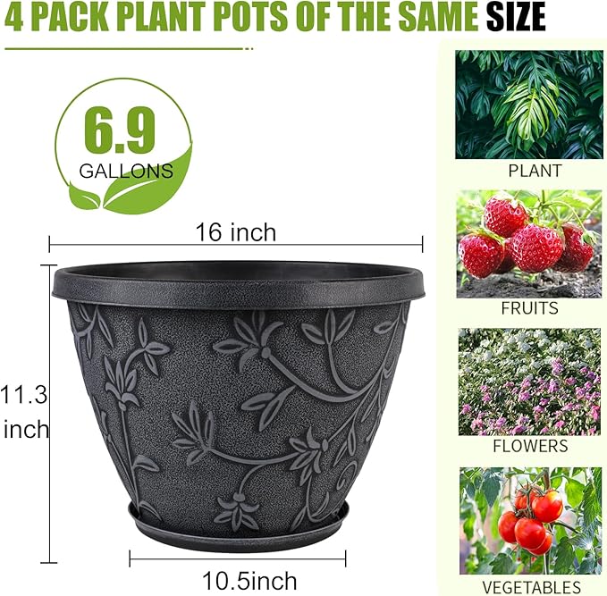 4 Pack 16 Inch Large Plant Pot for Outdoor, Plastic Flower Pot Indoor - Image 7