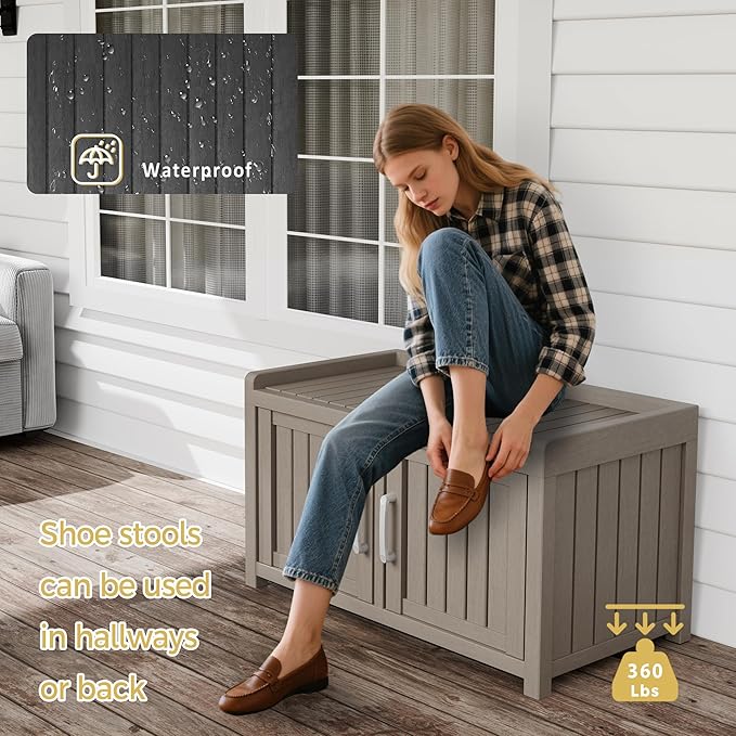 Storage Bench - 2 Doors Waterproof Resin Shoe Bench - Indoor & Outdoor Use - Image 4