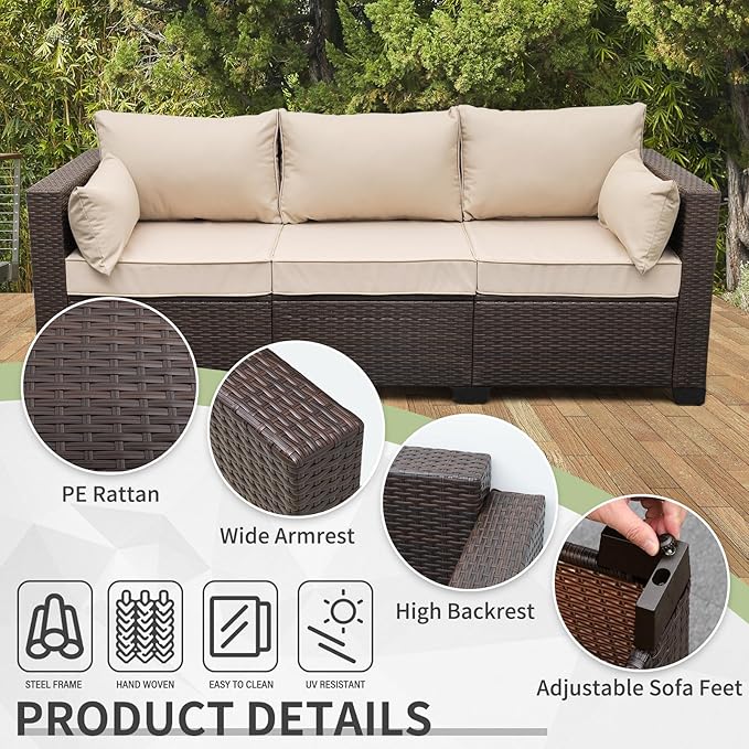 WAROOM Patio Couch PE Rattan 3-Seat Outdoor Sofa Brown Wicker Furniture Set - Image 4