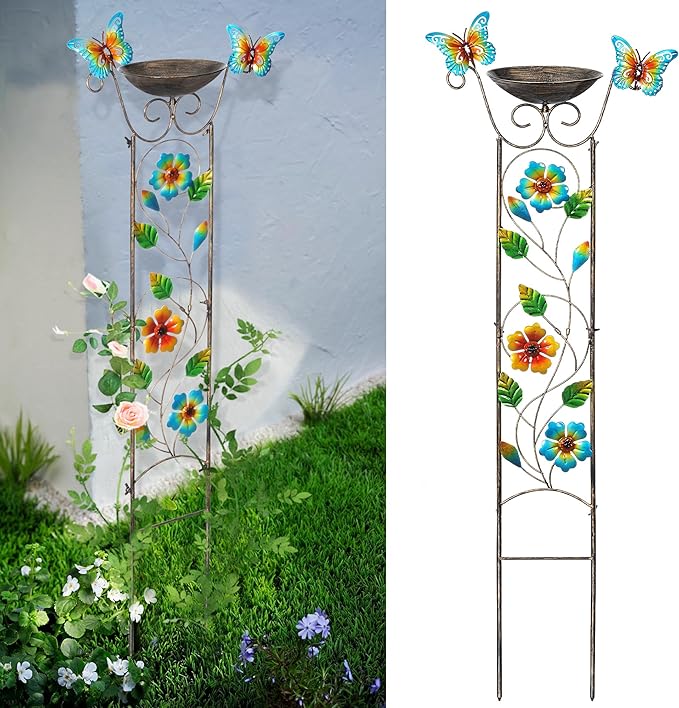 SUNNYPARK Bird Bath with Trellis Outdoor, Antique Garden Iron Plant Trellis by SUNNYPARK