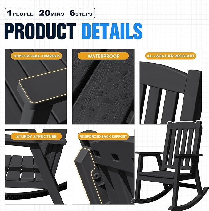 Devoko PP Material Rocking Chair Outdoor Indoor All Weather High Back Patio - Image 4
