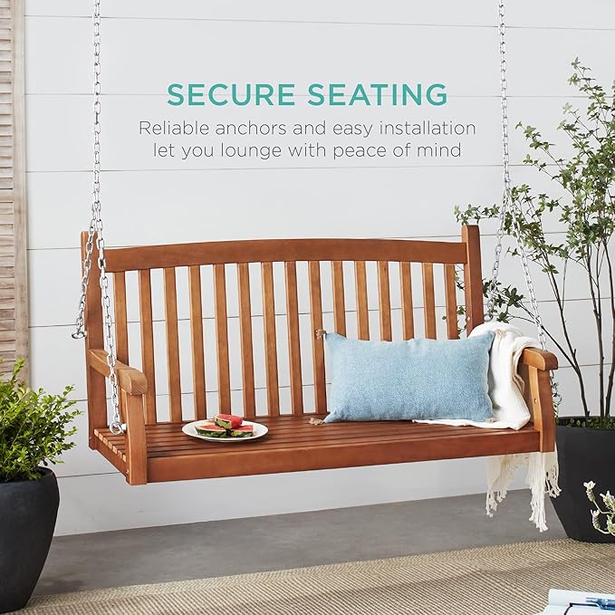 Best Choice Products 48in Wood Porch Swing Outdoor Patio Hanging Bench Chair - Image 3
