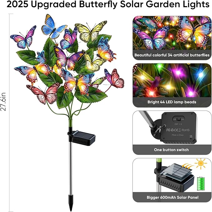 Solar Lights Outdoor Garden Decor: 6 Pack 102 Silk Butterflies - Image 2