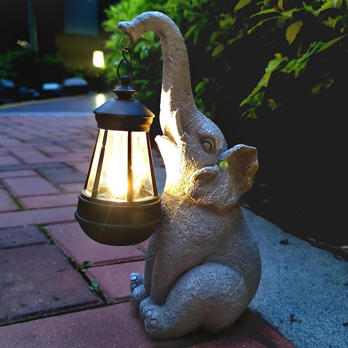 Elephant Solar Garden Statues, Resin Elephant Figurine Decorations by Qobumy
