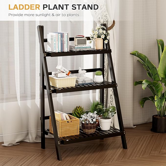 39.4" Foldable Plant Shelf Ladder Shelf, 3 Tier Bamboo Ladder Flower Pot - Image 6