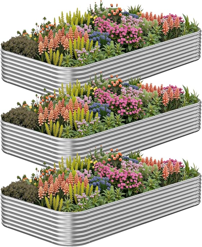 3 Pack Corrugated Galvanized Steel Raised Garden Bed Outdoor, Metal Above by CATMANOR