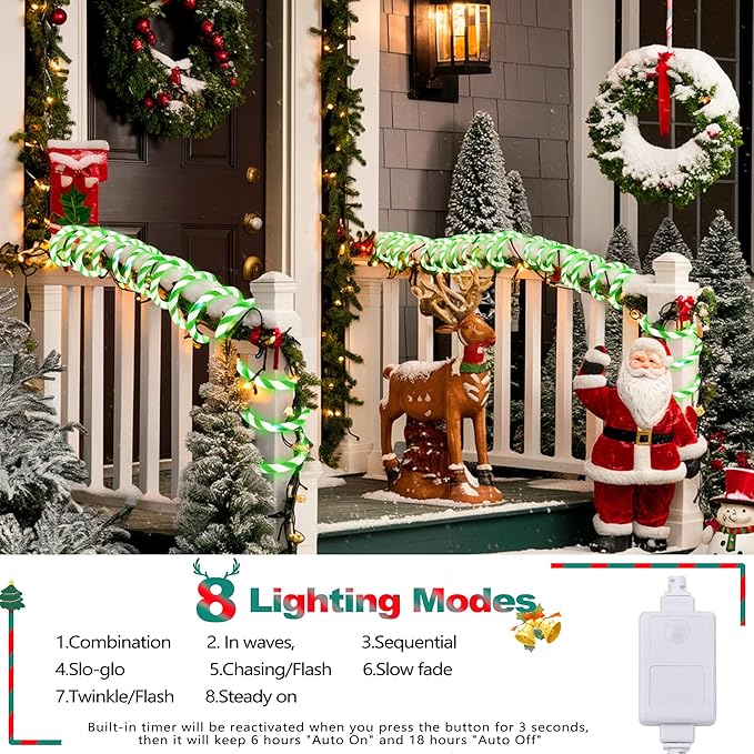 Jnaurb Christmas Candy Cane Lights, 66ft 480 LED Connectable Flexible White & - Image 3