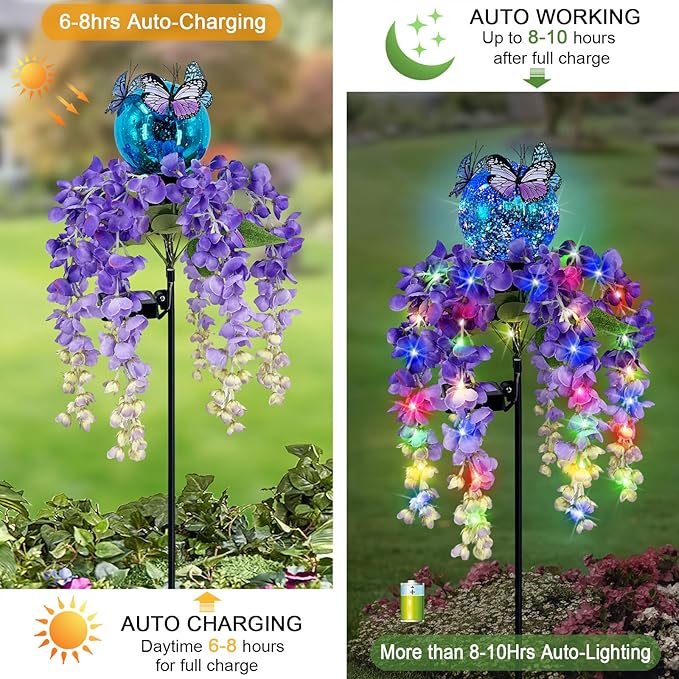 Solar Lights Outdoor Pathway, Wisteria Flower Garden Stakes, Colorful LED Lights - Image 3