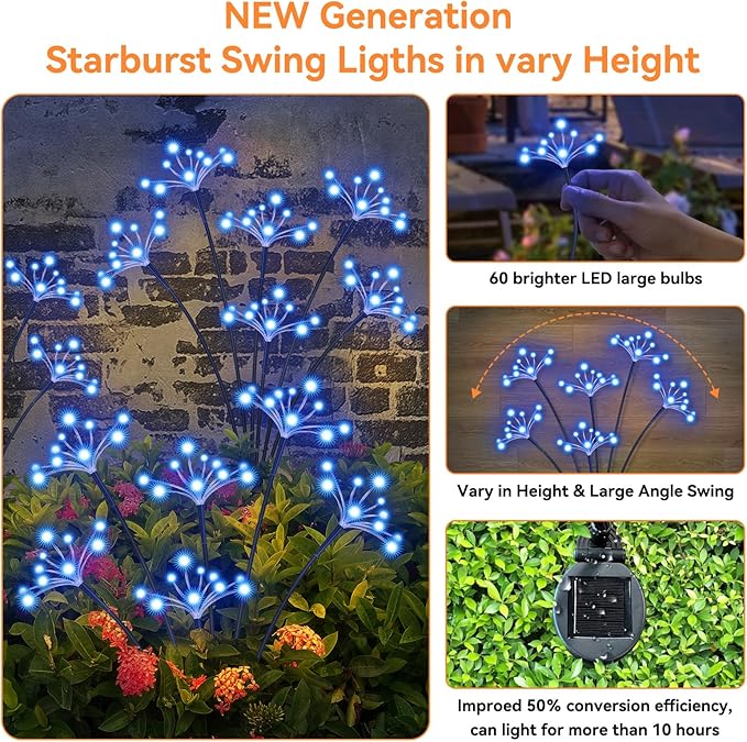 Solar Garden Lights 2 Pack Waterproof Solar Swaying Starburst Light Outdoor - Image 3