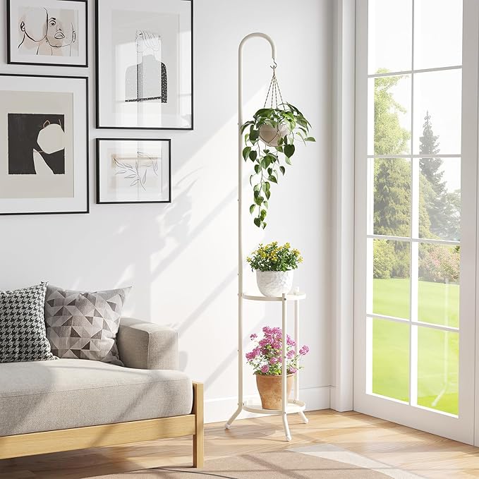 2-Tier Metal Plant Stand with Hanging Hook, Indoor Outdoor Plant Shelf - Image 2