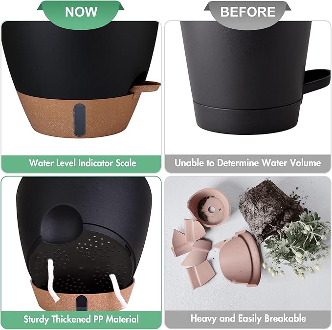 montresor 5-Pack Self-Watering Plastic Plant Pots 5/5.5/6/6.5/7 Inch– Black - Image 8