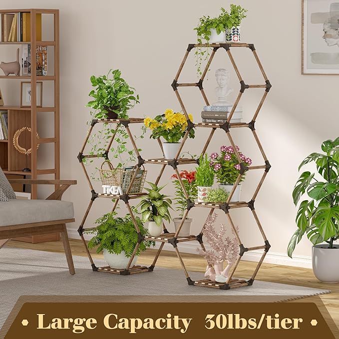 Tikea - Hexagonal Plant Stand Indoor Outdoor Large 11 Tiered Wooden Plant Shelf - Image 4