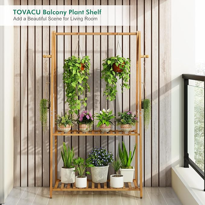 Hanging Plant Shelf Indoor Outdoor Plant Stands Wood Flower Stand 2 Tiered - Image 3