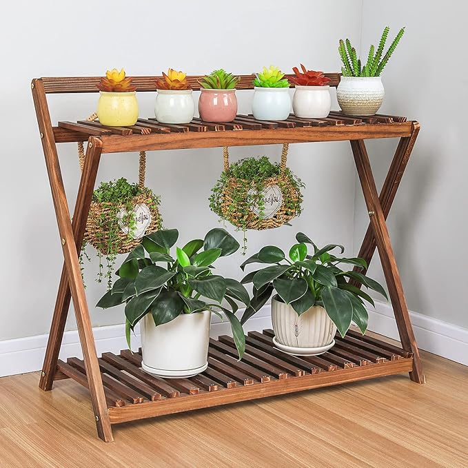 Indoor Plant Stand for Multiple Plants 2 Tier Wood Corner Plant Shelf Rack - Image 7