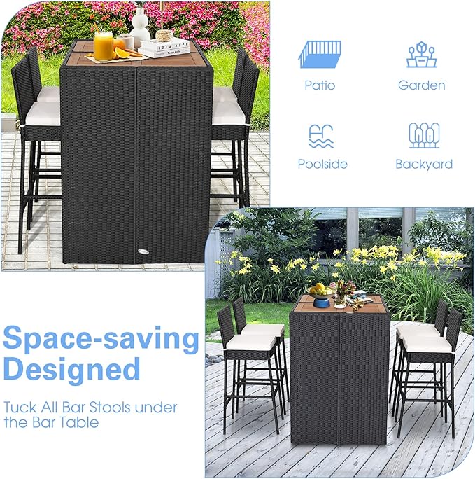 Tangkula 5 Piece Patio Wicker Bar Set, Patiojoy Outdoor Acacia Wood Bar Height - Image 6