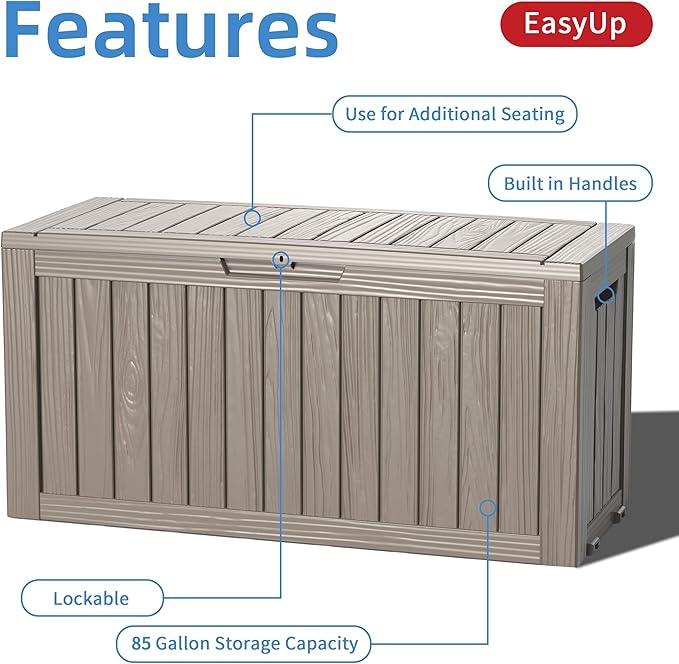EasyUp 85 Gallon Outdoor Storage Box, Resin Waterproof UV-Resistant Deck Box - Image 3