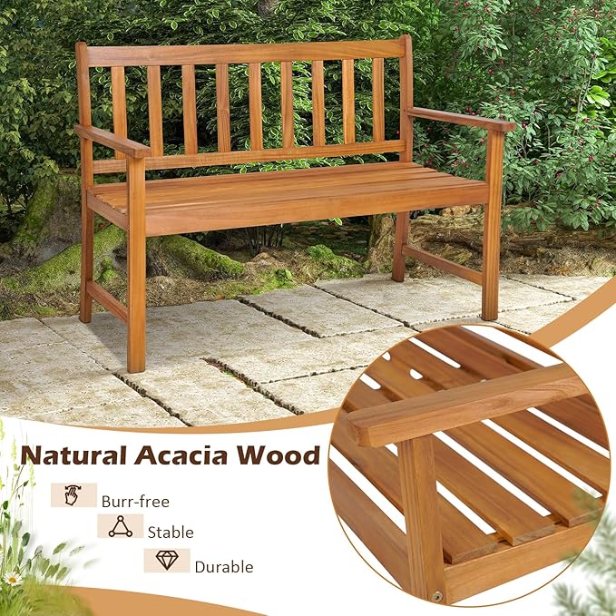 Tangkula Outdoor Acacia Wood Bench, 2-Person Garden Bench - Image 5